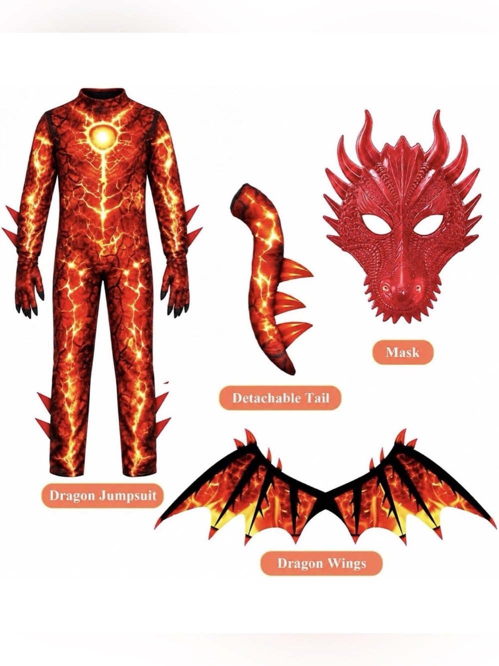 Kids Dragon Costume Boys with Wings Tail Glowing Mask for Halloween size 8-9Y/13
